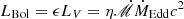 $ L_{\mathrm{Bol}}=\epsilon L_{V}=\eta \dot{\mathscr{M}}\dot{M}_{\mathrm{Edd}}c^{2} $