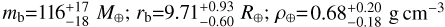 ${m_{\rm{b}}} = 116_{ - 18}^{ + 17}{M_ \oplus };{r_{\rm{b}}} = 9.71_{ - 0.60}^{ + 0.93}{R_ \oplus };{\rho _ \oplus } = 0.68_{ - 0.18}^{ + 0.20}{\rm{g}}{\rm{c}}{{\rm{m}}^{ - 3}}$