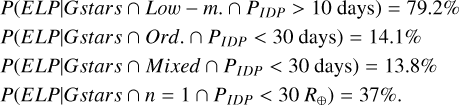 $\[\quad\quad ~~~~P(ELP {\mid} Gstars \cap Low -m . \cap ~P_{{IDP}}>10~ days )=79.2 \%\\\quad P(ELP {\mid} Gstars \cap Ord. \cap ~P_{I D P}<30~ days )=14.1 \%\\\quad~~~~ P(ELP {\mid} Gstars \cap Mixed \cap ~P_{I D P}<30 ~days )=13.8 \%\\P(ELP {\mid} Gstars \cap n=1 \cap P_{I D P}<30~ R_{\oplus}=37 \%.\]$
