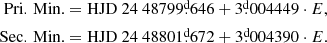 $$ \begin{aligned} \mathrm{Pri.\,Min.}&= \mathrm{HJD}~24~48799\overset{\text{d}}{.}646 + 3\overset{\text{d}}{.}004449 \cdot E, \\ \mathrm{Sec.\,Min.}&= \mathrm{HJD}~24~48801\overset{\text{d}}{.}672 + 3\overset{\text{d}}{.}004390 \cdot E. \end{aligned} $$